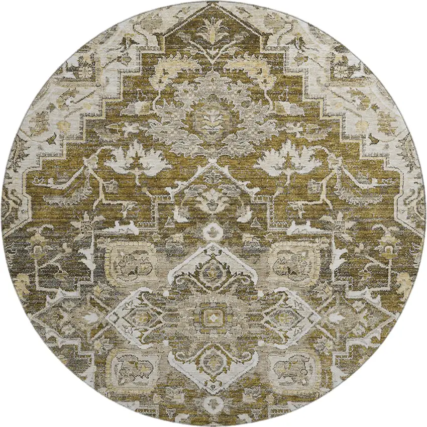 8' Brown Ivory And Taupe Floral Medallion Washable Round Rug With UV Protection Photo 1