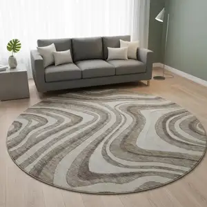 Photo of 8' Brown Ivory And Taupe Marble Washable Round Rug With UV Protection