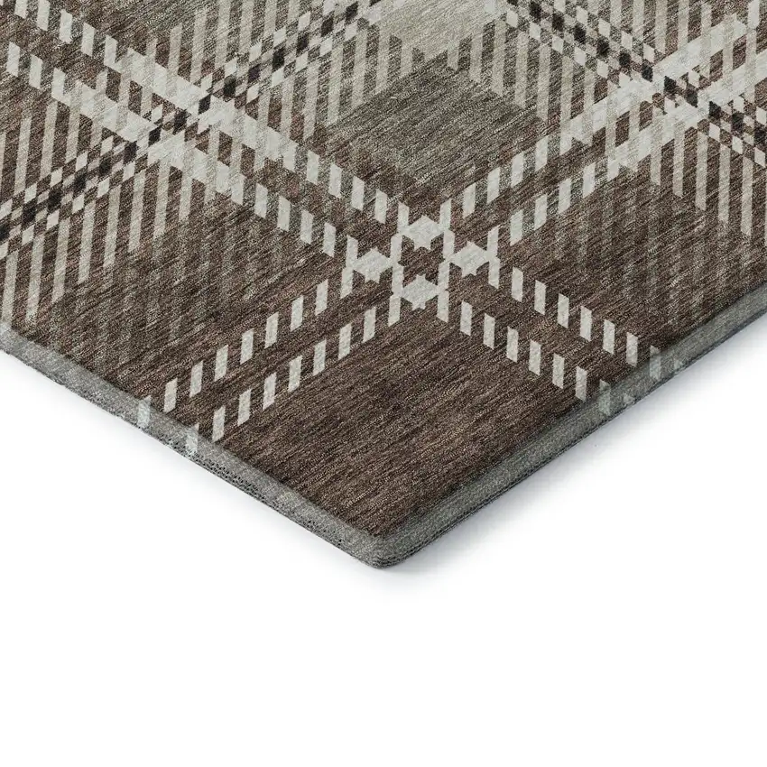 8' Brown Ivory And Taupe Plaid Washable Round Rug With UV Protection Photo 6