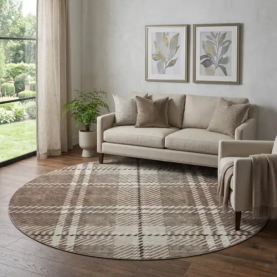 8' Brown Ivory And Taupe Plaid Washable Round Rug With UV Protection Photo 1
