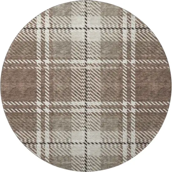8' Brown Ivory And Taupe Plaid Washable Round Rug With UV Protection Photo 3