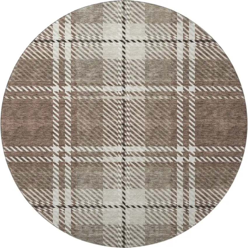 8' Brown Ivory And Taupe Plaid Washable Round Rug With UV Protection Photo 3