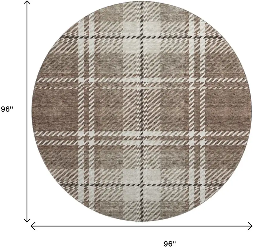 8' Brown Ivory And Taupe Plaid Washable Round Rug With UV Protection Photo 9