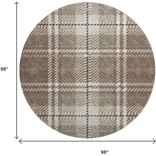 8' Brown Ivory And Taupe Plaid Washable Round Rug With UV Protection Photo 9