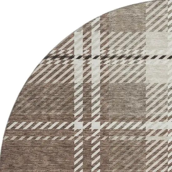 8' Brown Ivory And Taupe Plaid Washable Round Rug With UV Protection Photo 2