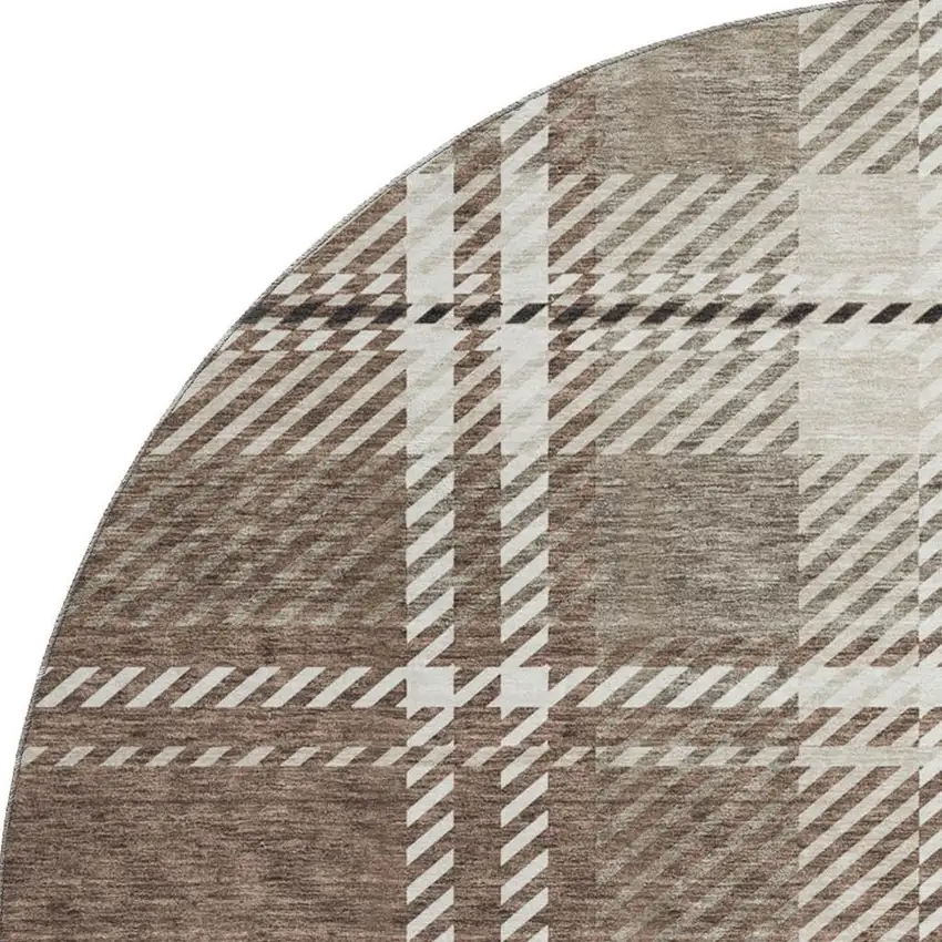 8' Brown Ivory And Taupe Plaid Washable Round Rug With UV Protection Photo 2