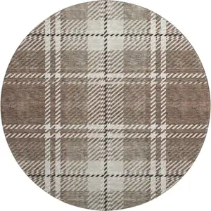 Photo of 8' Brown Ivory And Taupe Plaid Washable Round Rug With UV Protection