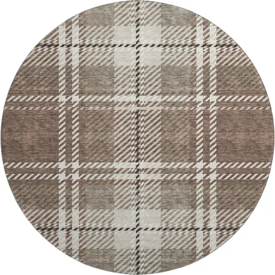 8' Brown Ivory And Taupe Plaid Washable Round Rug With UV Protection Photo 1