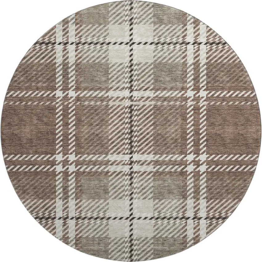 8' Brown Ivory And Taupe Plaid Washable Round Rug With UV Protection Photo 1