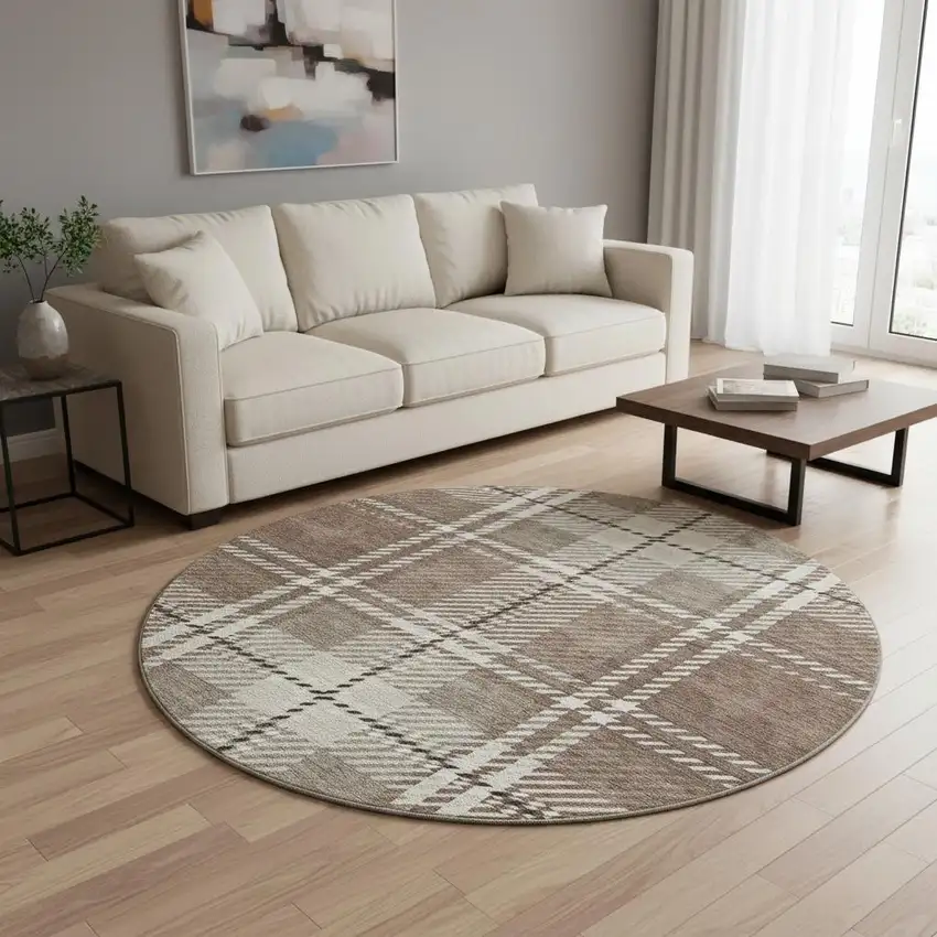 8' Brown Ivory And Taupe Plaid Washable Round Rug With UV Protection Photo 2