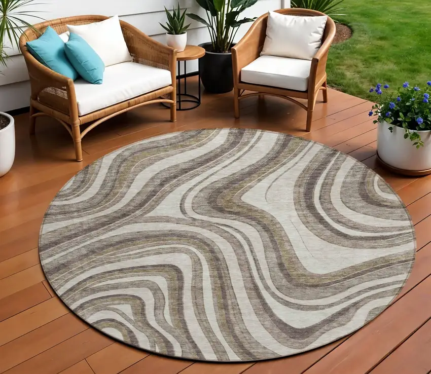 8' Brown Ivory And Taupe Round Abstract Washable Indoor Outdoor Area Rug Photo 1
