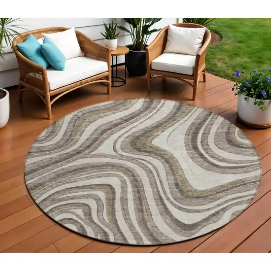 8' Brown Ivory And Taupe Round Abstract Washable Indoor Outdoor Area Rug Photo 1