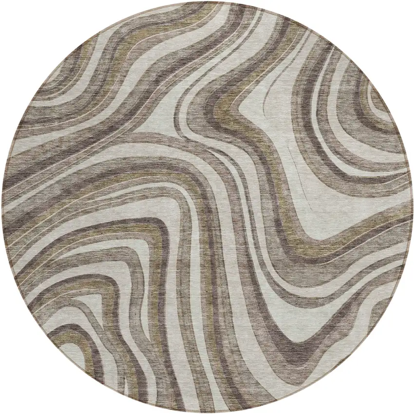 8' Brown Ivory And Taupe Round Abstract Washable Indoor Outdoor Area Rug Photo 1