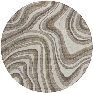Photo of 8' Brown Ivory And Taupe Round Abstract Washable Indoor Outdoor Area Rug