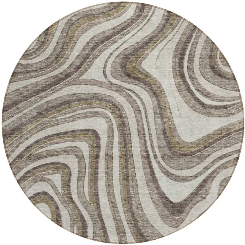 8' Brown Ivory And Taupe Round Abstract Washable Indoor Outdoor Area Rug Photo 1