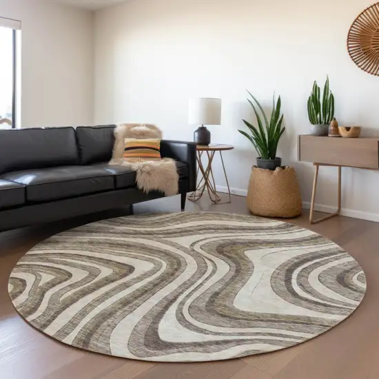 8' Brown Ivory And Taupe Round Abstract Washable Indoor Outdoor Area Rug Photo 7