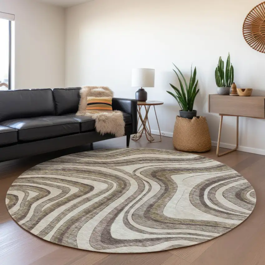 8' Brown Ivory And Taupe Round Abstract Washable Indoor Outdoor Area Rug Photo 7
