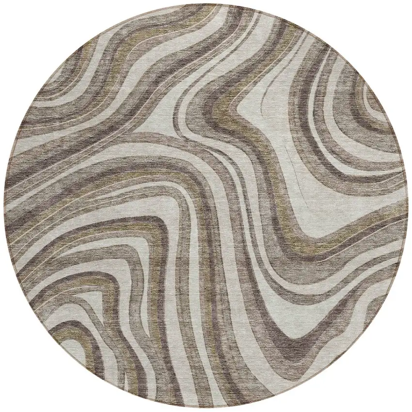 8' Brown Ivory And Taupe Round Abstract Washable Indoor Outdoor Area Rug Photo 4