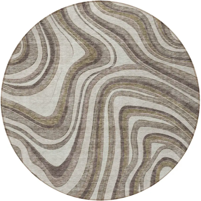 8' Brown Ivory And Taupe Round Abstract Washable Indoor Outdoor Area Rug Photo 5