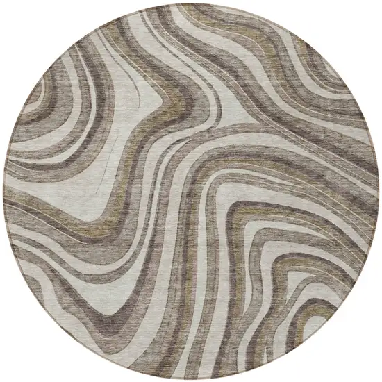 8' Brown Ivory And Taupe Round Abstract Washable Indoor Outdoor Area Rug Photo 5