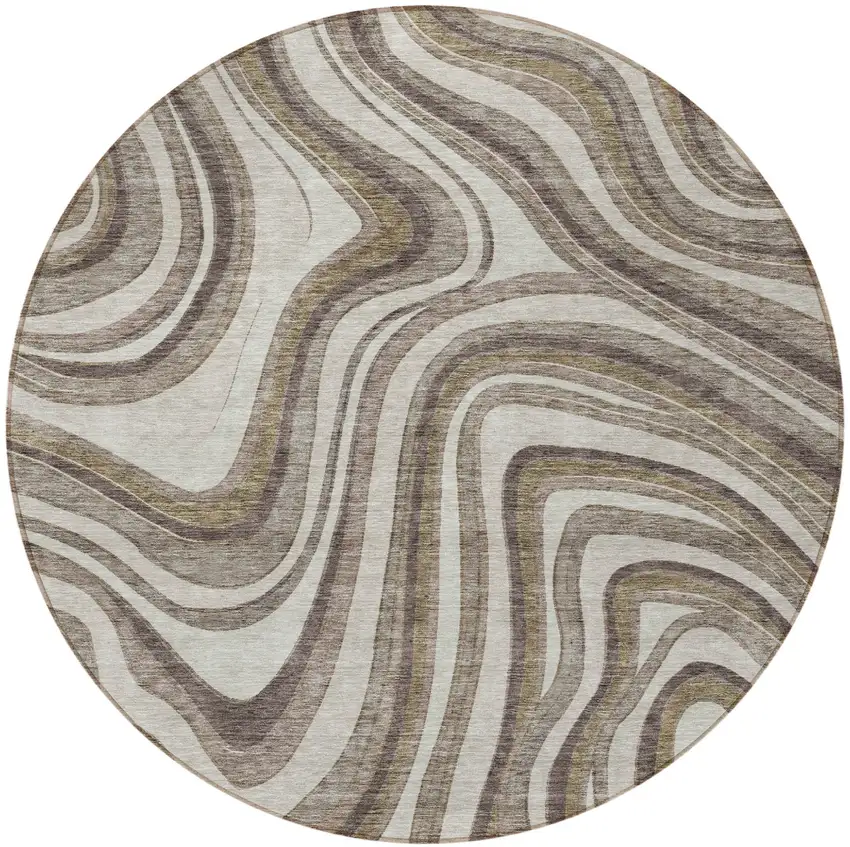 8' Brown Ivory And Taupe Round Abstract Washable Indoor Outdoor Area Rug Photo 5