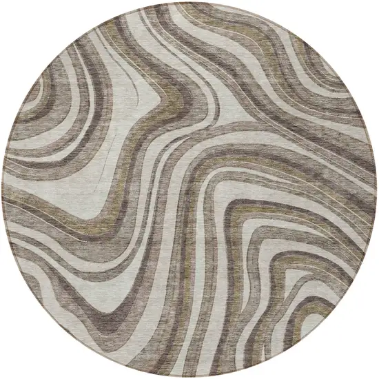 8' Brown Ivory And Taupe Round Abstract Washable Indoor Outdoor Area Rug Photo 5