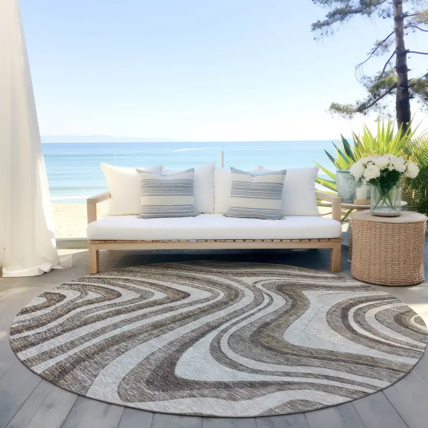 8' Brown Ivory And Taupe Round Abstract Washable Indoor Outdoor Area Rug Photo 6