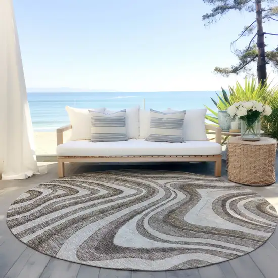 8' Brown Ivory And Taupe Round Abstract Washable Indoor Outdoor Area Rug Photo 6