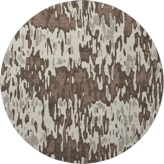 8' Brown Ivory And Taupe Striped Washable Round Rug With UV Protection Photo 3