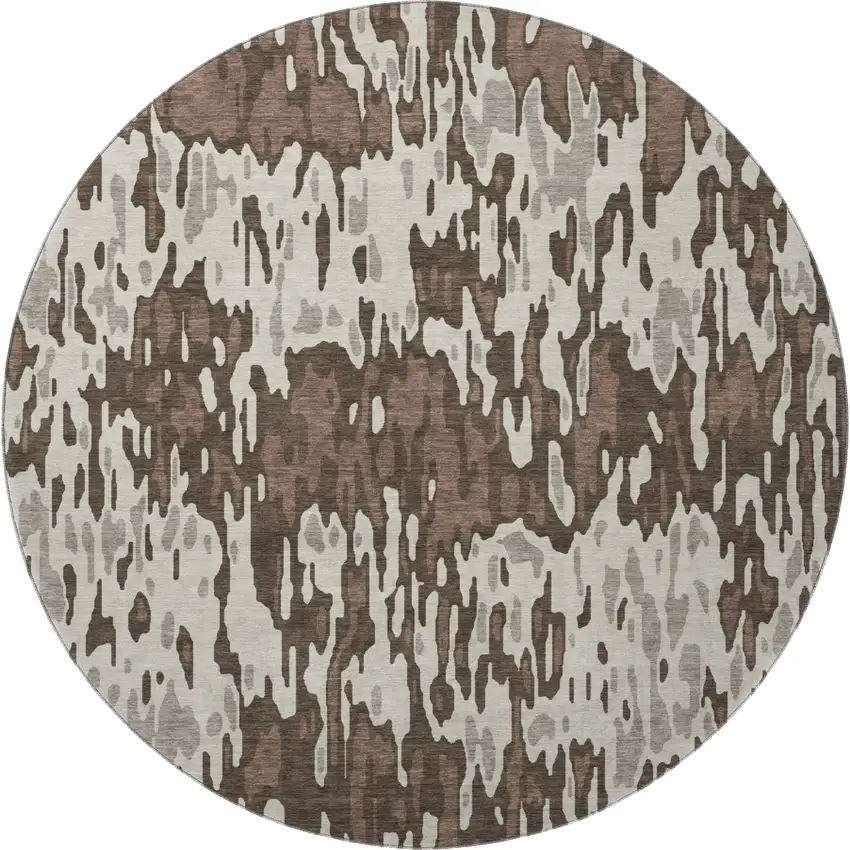 8' Brown Ivory And Taupe Striped Washable Round Rug With UV Protection Photo 3