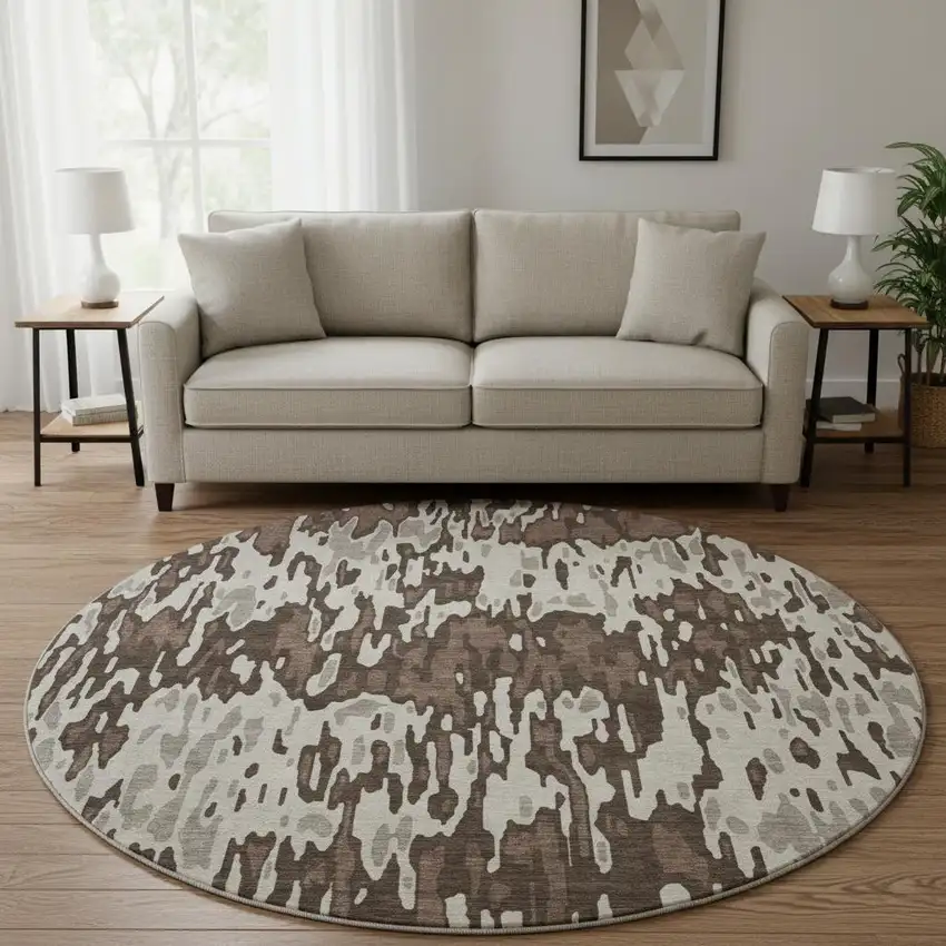 8' Brown Ivory And Taupe Striped Washable Round Rug With UV Protection Photo 2