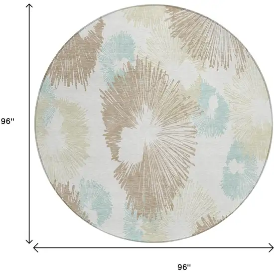 8' Brown Ivory And Teal Blue Round Floral Washable Indoor Outdoor Area Rug Photo 9