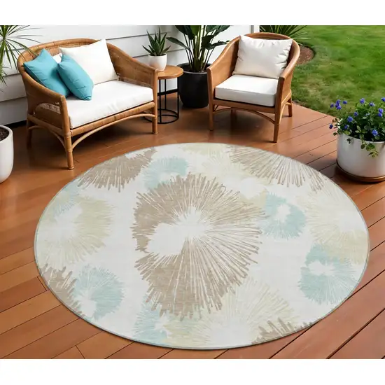 8' Brown Ivory And Teal Blue Round Floral Washable Indoor Outdoor Area Rug Photo 2