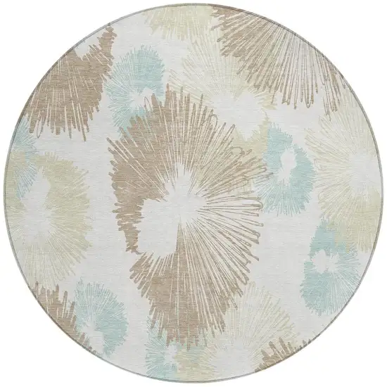 8' Brown Ivory And Teal Blue Round Floral Washable Indoor Outdoor Area Rug Photo 3