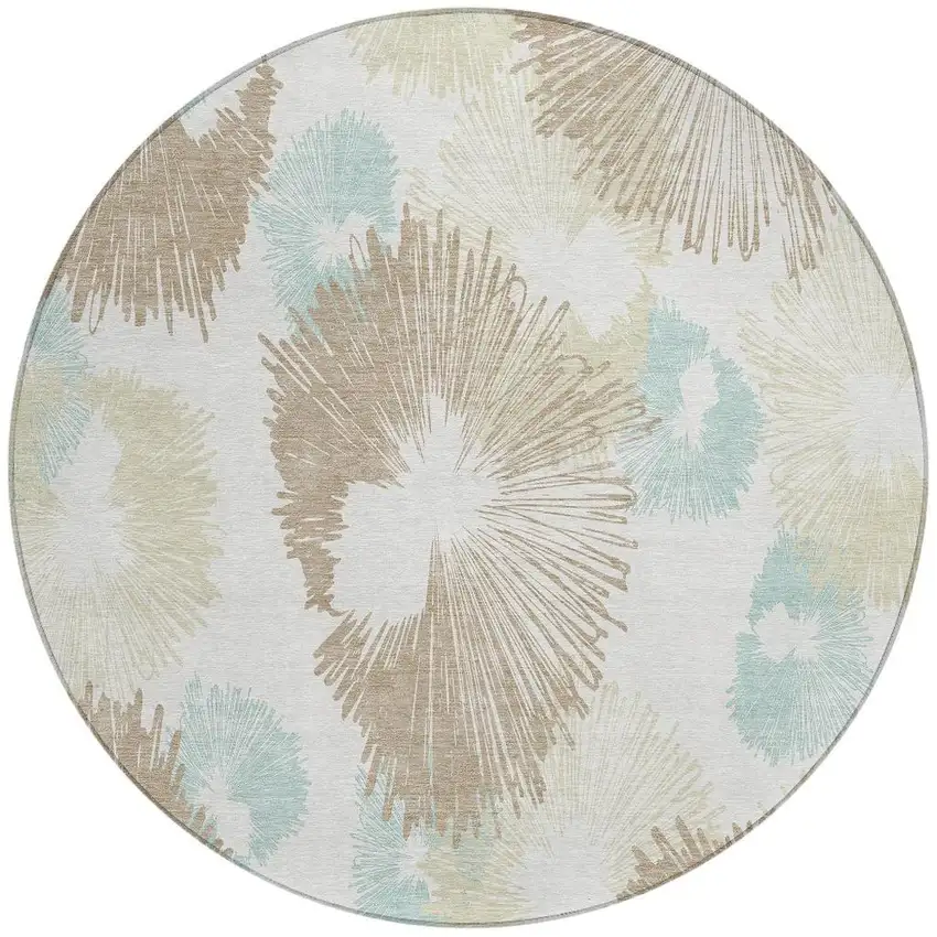 8' Brown Ivory And Teal Blue Round Floral Washable Indoor Outdoor Area Rug Photo 3