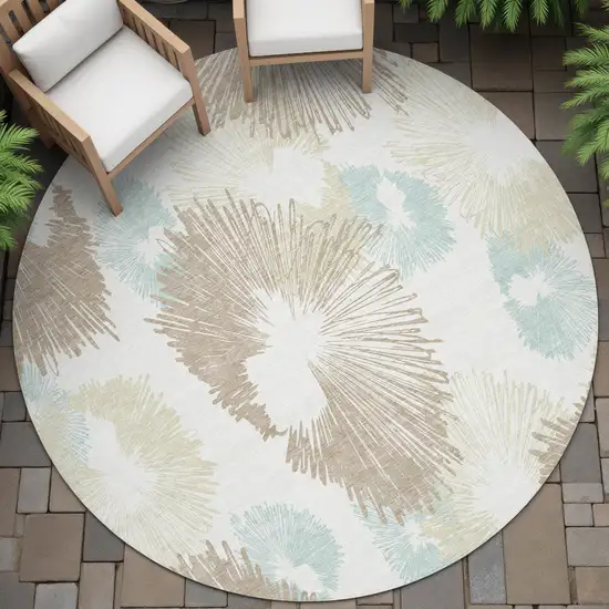 8' Brown Ivory And Teal Blue Round Floral Washable Indoor Outdoor Area Rug Photo 7
