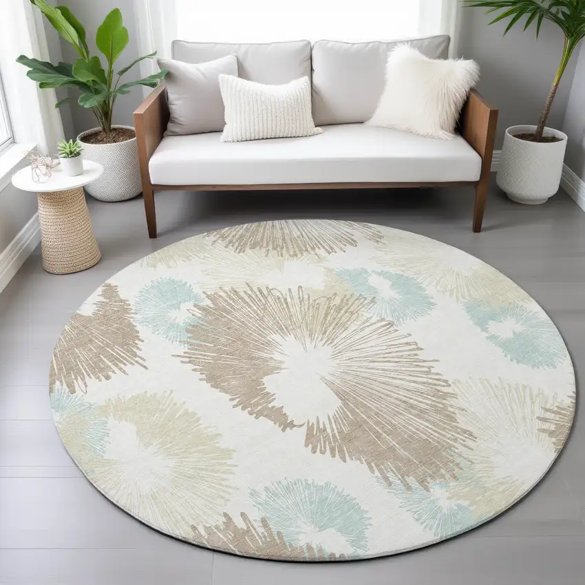 8' Brown Ivory And Teal Blue Round Floral Washable Indoor Outdoor Area Rug Photo 8