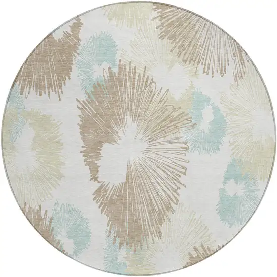 8' Brown Ivory And Teal Blue Round Floral Washable Indoor Outdoor Area Rug Photo 1