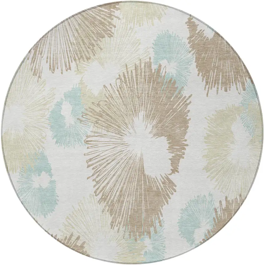 8' Brown Ivory And Teal Blue Round Floral Washable Indoor Outdoor Area Rug Photo 4