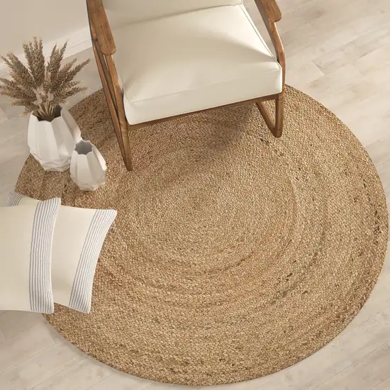 6' Brown Jute Hand Braided Round Rug Photo 6