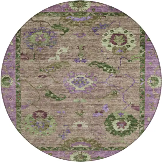 8' Brown Lavender And Ivory Round Floral Medallion Washable Indoor Outdoor Area Rug Photo 2