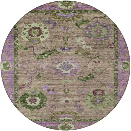 8' Brown Lavender And Ivory Round Floral Medallion Washable Indoor Outdoor Area Rug Photo 4