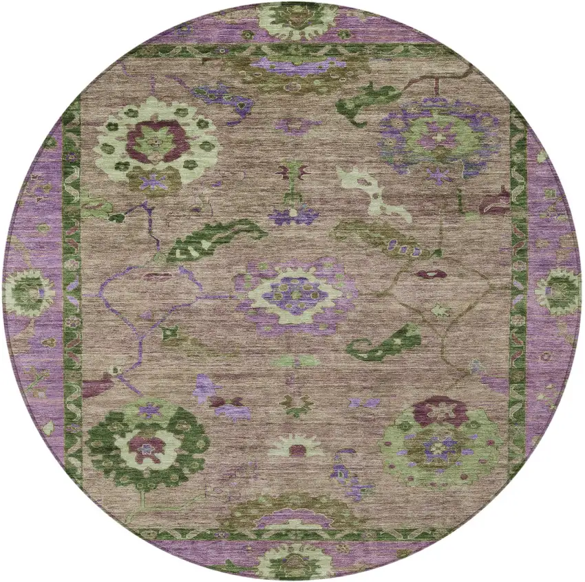 8' Brown Lavender And Ivory Round Floral Medallion Washable Indoor Outdoor Area Rug Photo 4