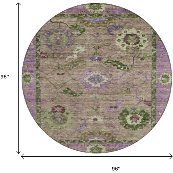 8' Brown Lavender And Ivory Round Floral Medallion Washable Indoor Outdoor Area Rug Photo 3