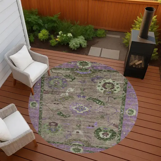 8' Brown Lavender And Ivory Round Floral Medallion Washable Indoor Outdoor Area Rug Photo 8