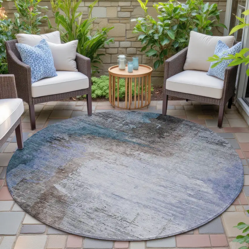 8' Brown Lavender And Taupe Round Abstract Washable Indoor Outdoor Area Rug Photo 6