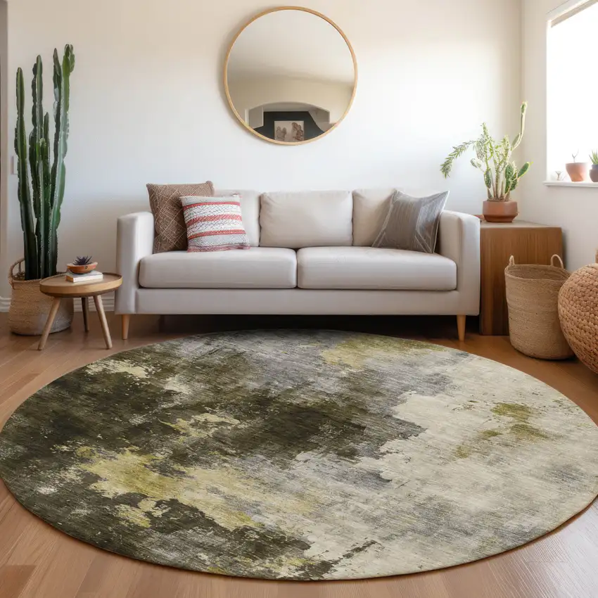 8' Brown Light Gray And Black Round Abstract Washable Indoor Outdoor Area Rug Photo 8