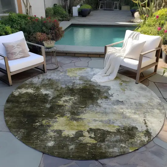 8' Brown Light Gray And Black Round Abstract Washable Indoor Outdoor Area Rug Photo 7