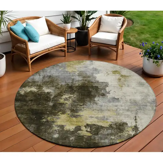 8' Brown Light Gray And Black Round Abstract Washable Indoor Outdoor Area Rug Photo 1