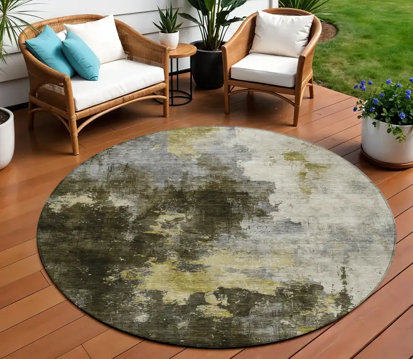 8' Brown Light Gray And Black Round Abstract Washable Indoor Outdoor Area Rug Photo 1